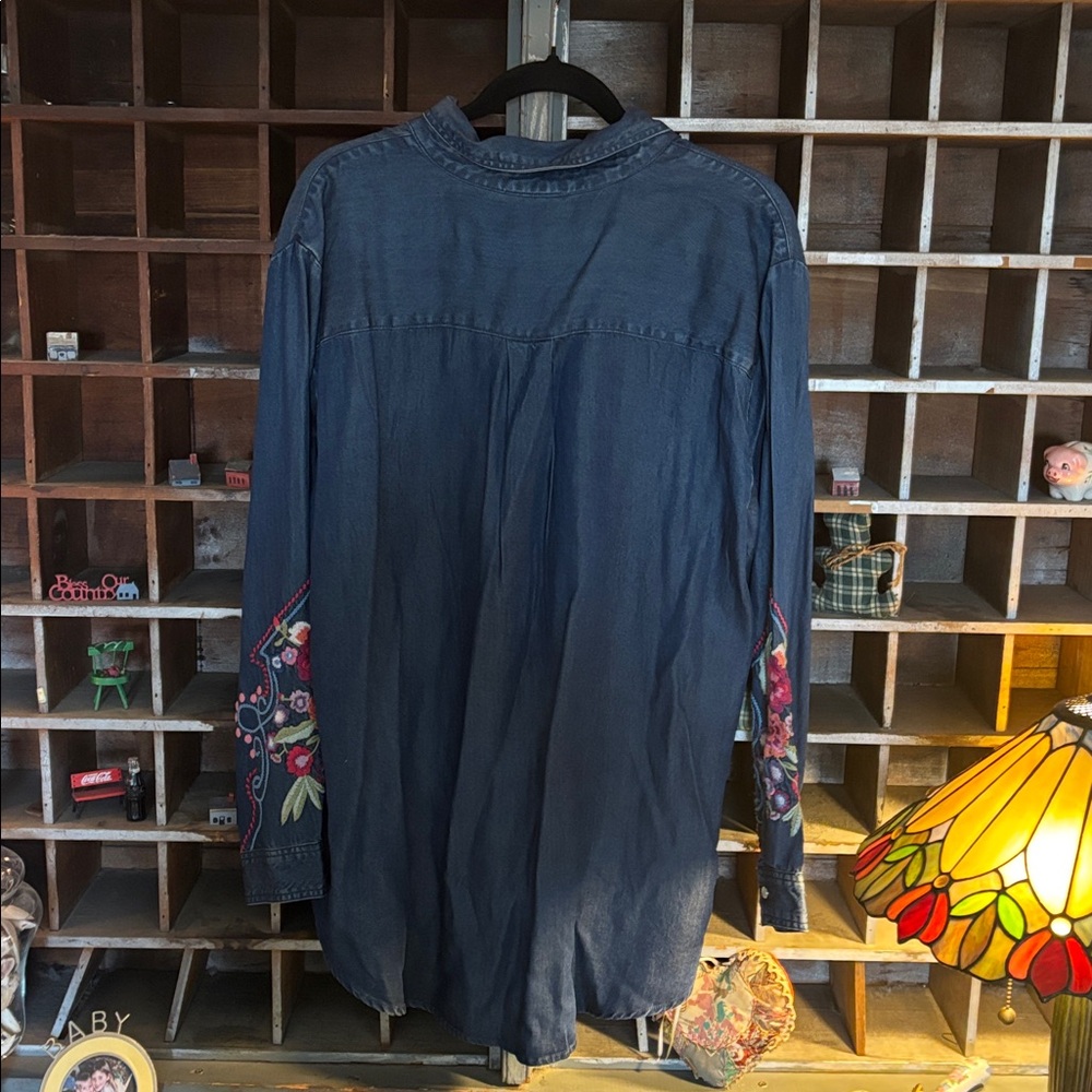 Johnny Was Blue Denim Shirt with Floral Embroidery NWT - Picture 5 of 6